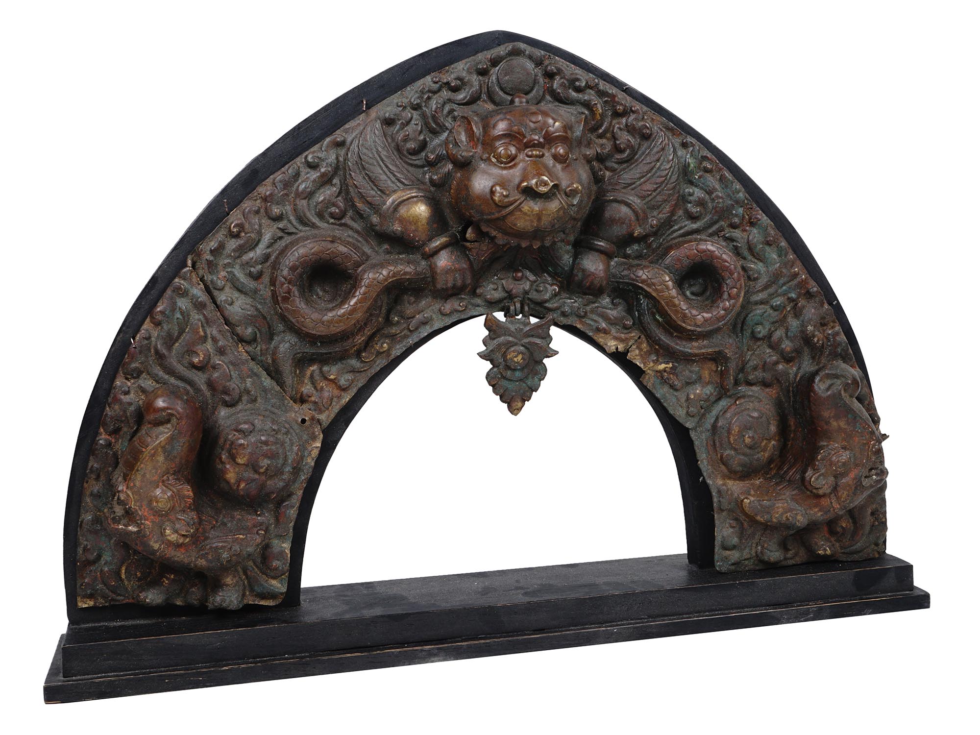 ANTIQUE NEPALESE PATINATED EMBOSSED BRASS TORANA PIC-0